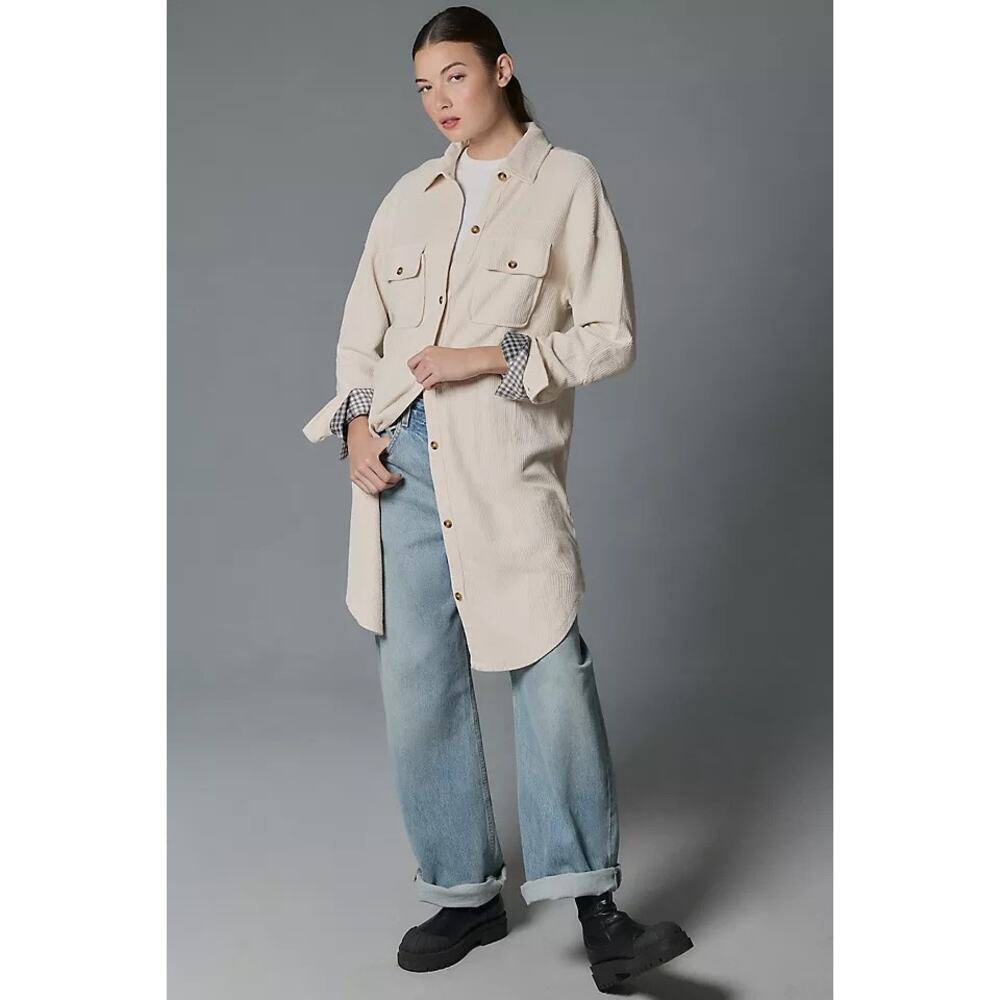 Anthropologie Pilcro Cream Duster Shacket Button Front Cotton Size L